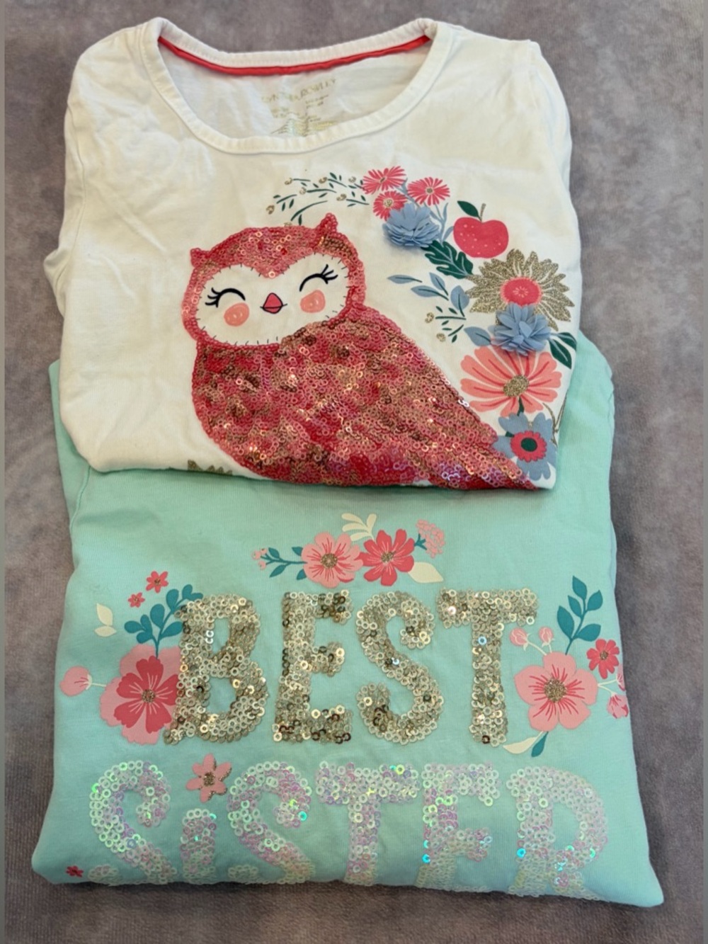 Size:4 Girls Sequin Owl and Best Sister Floral Tee Set -White/ Mint
